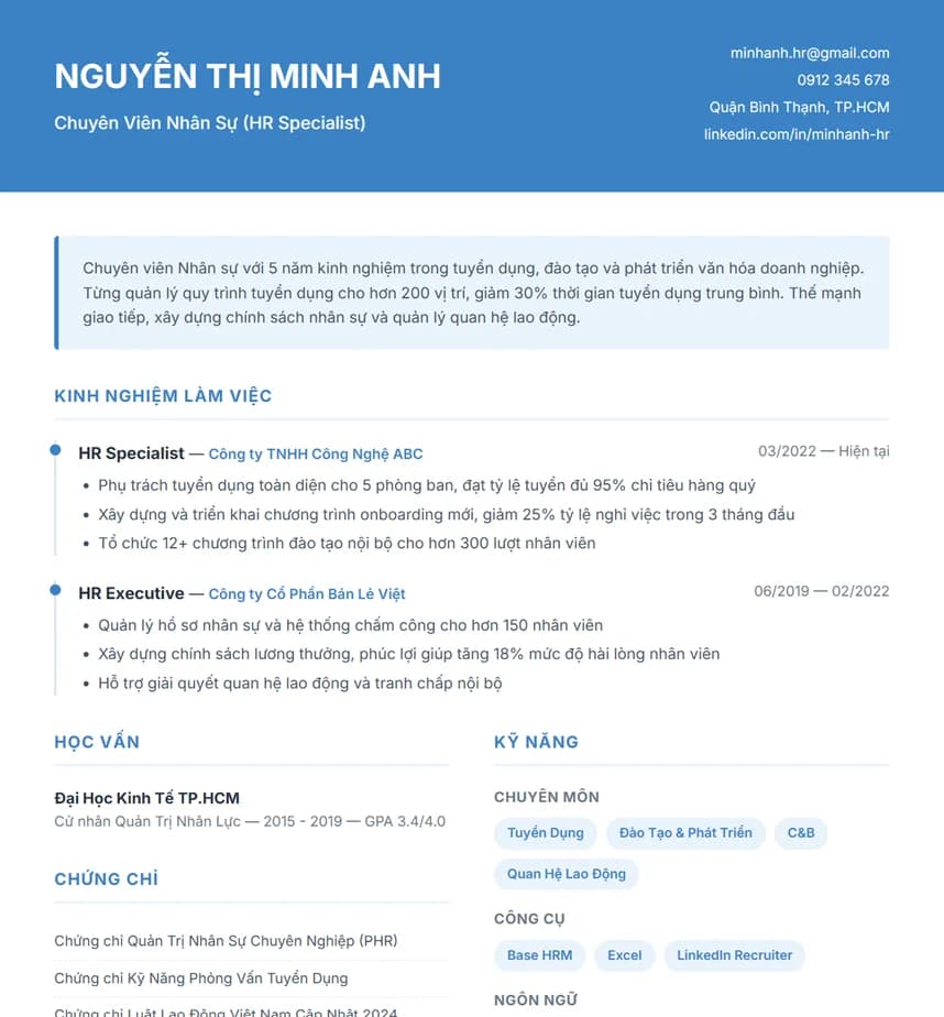 CV Chuyên Viên Nhân Sự / HR