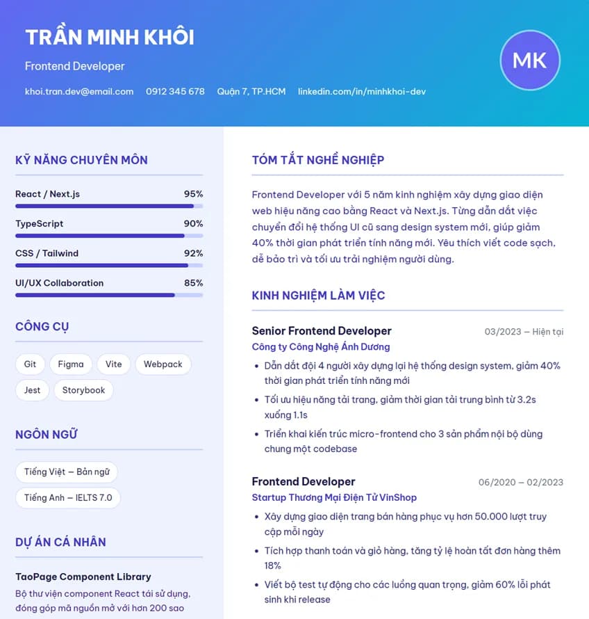 CV Lập Trình Viên Frontend