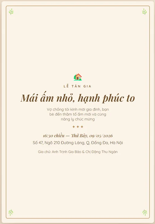 Thiệp Mời Tân Gia Ấm Cúng