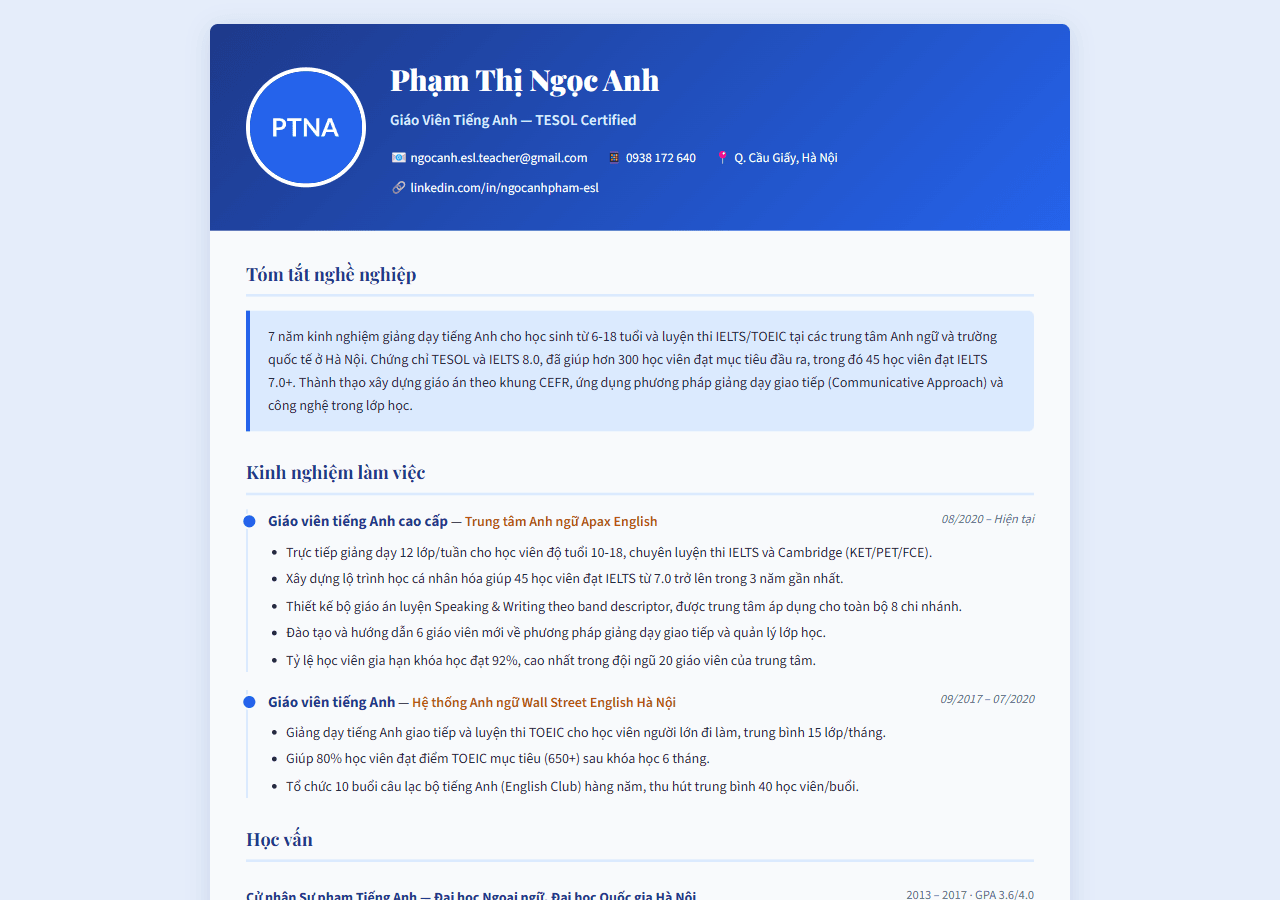 CV Giáo Viên Tiếng Anh