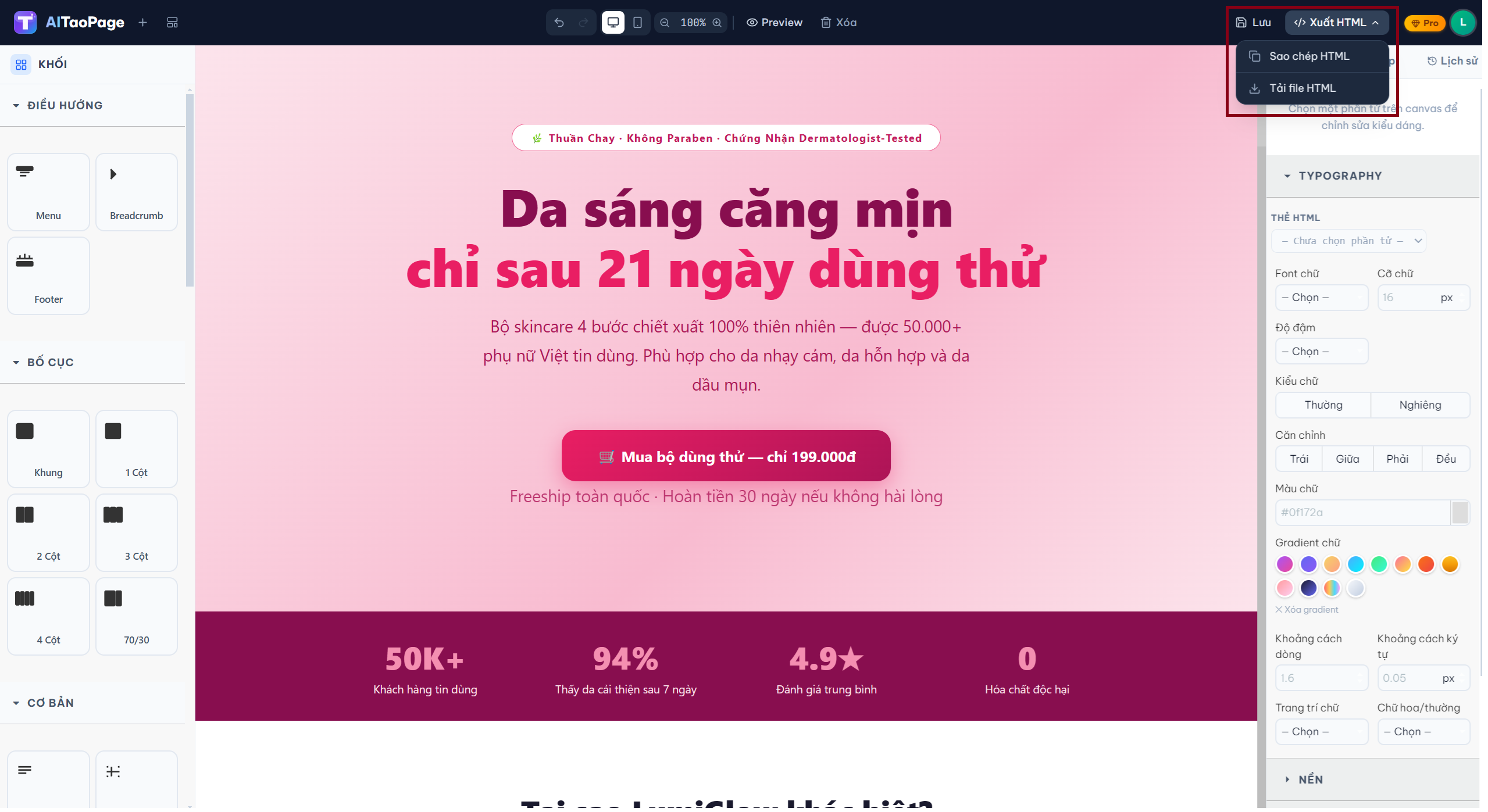 Nút Sao chép HTML và thông báo sao chép thành công